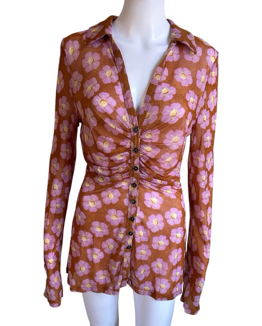 Free People Floral Mesh Button Up Top Women M Rust Pink Sheer Ruched Boho